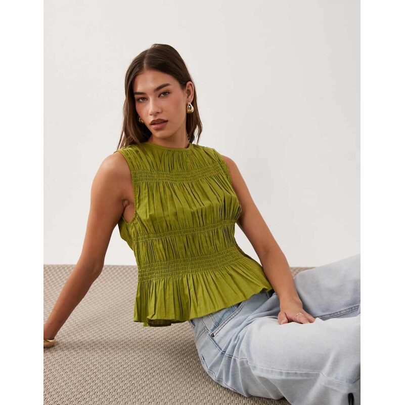 ASOS DESIGN linen blend shirred top in dark lime-Green