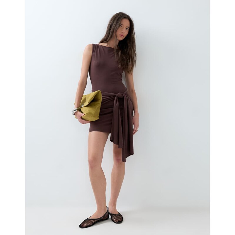 ASOS DESIGN cotton elastane wrap mini dress-Brown