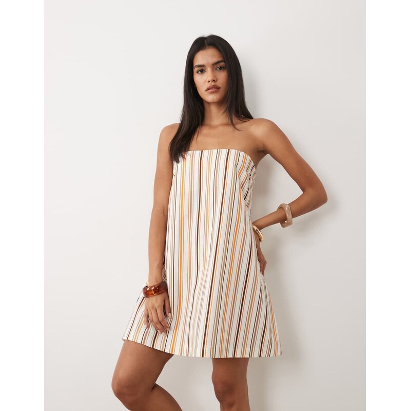 ASOS DESIGN linen blend bandeau mini dress in cream stripe-Multi