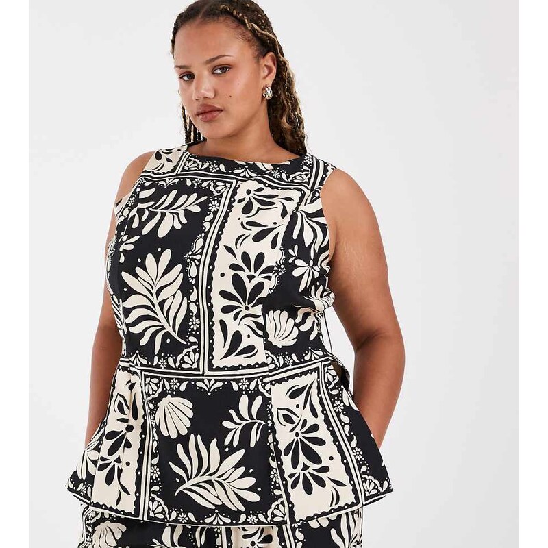 Vero Moda Curve longline waistcoat co-ord in black abstract