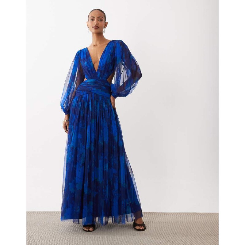 Lace & Beads tulle plunge drop hem open back maxi dress in