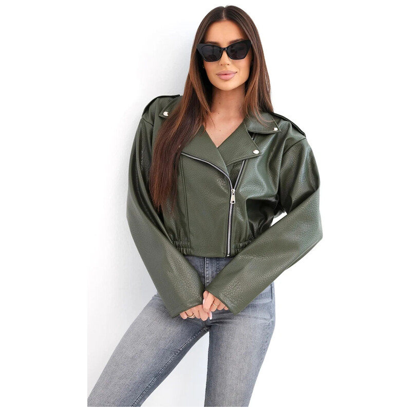 K-Fashion Dámská křiváková bunda z ekokůže na zip khaki