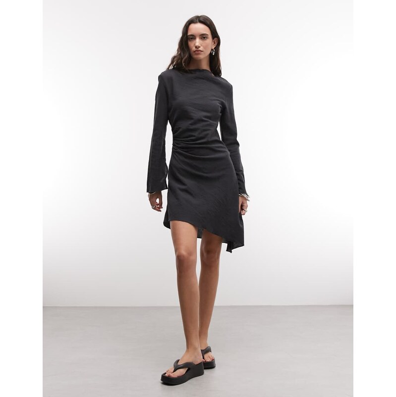 Weekday crinkle long sleeve mini dress with open back and