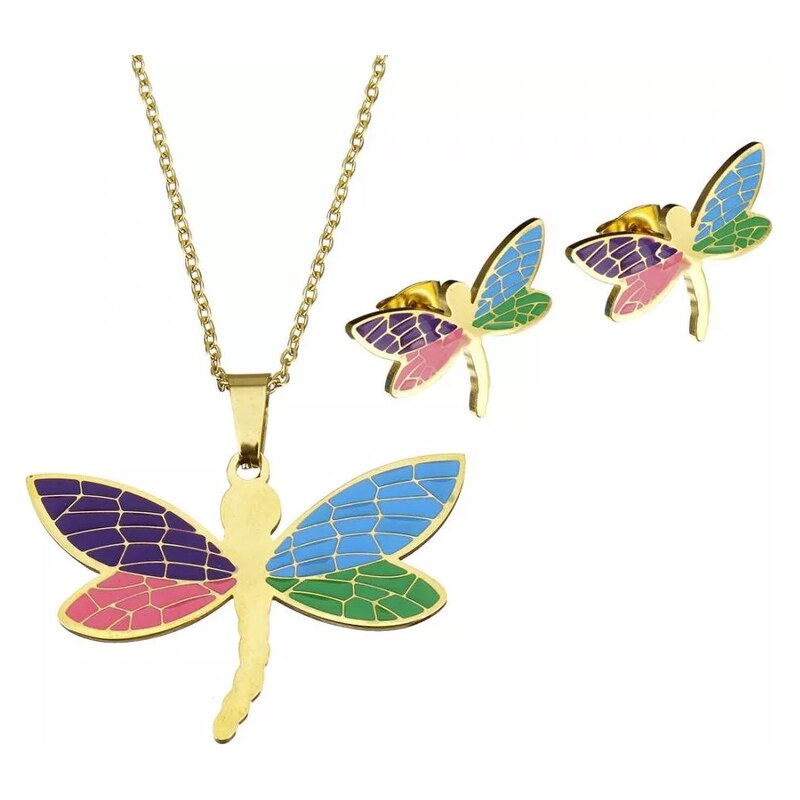 Impress Jewelry Sada šperků z oceli Barevná vážka Zlatá