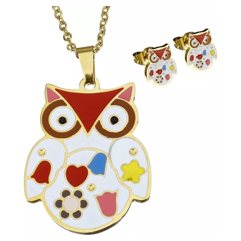 Impress Jewelry Sada šperků z oceli Barevné sovičky Zlatá