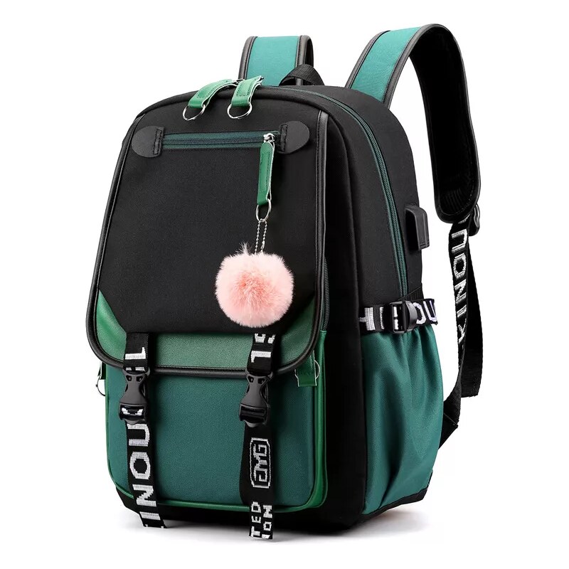 Lifestyle Dívčí teenager školní batoh s USB Zeleno černý 19L