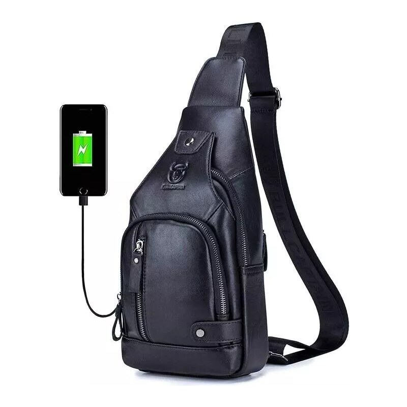 Bullcaptain kožená taška přes rameno s USB Helmer Černý 5L