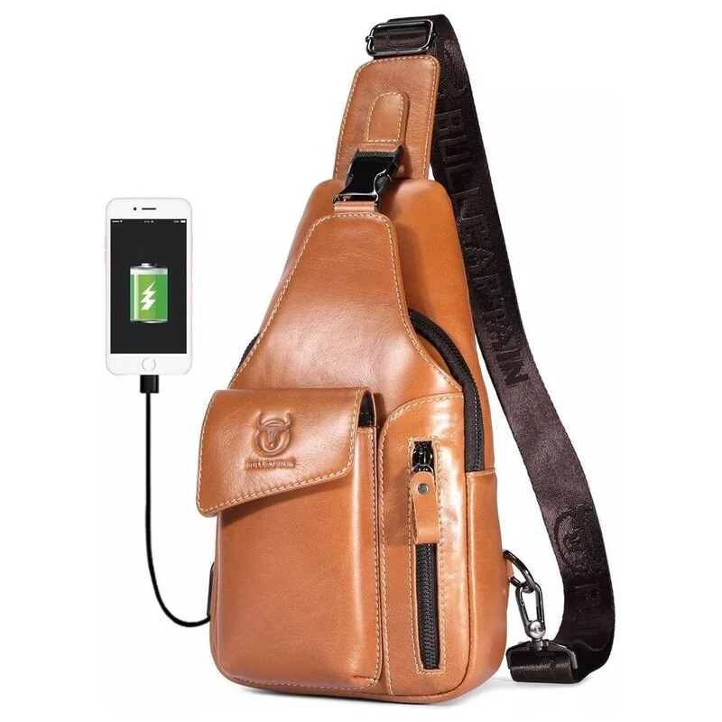 Bullcaptain kožená taška přes rameno s USB Maksim Camel 5L