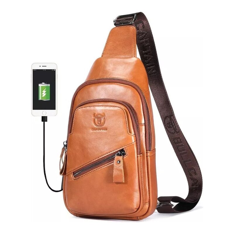Bullcaptain kožená taška přes rameno s USB Makar Camel 5L