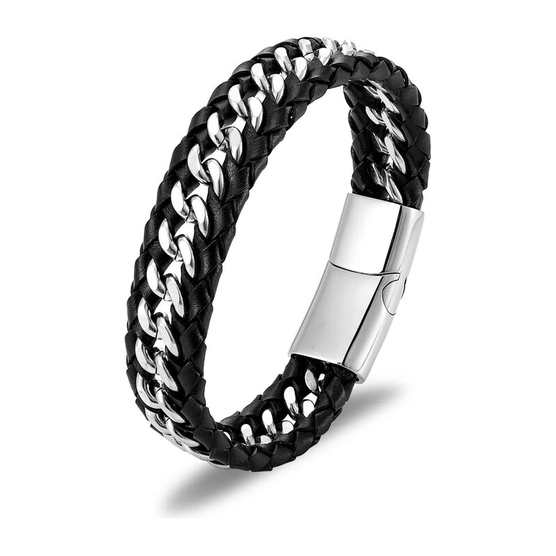 Impress Jewelry Pánský kožený náramek se zapleteným řetízkem