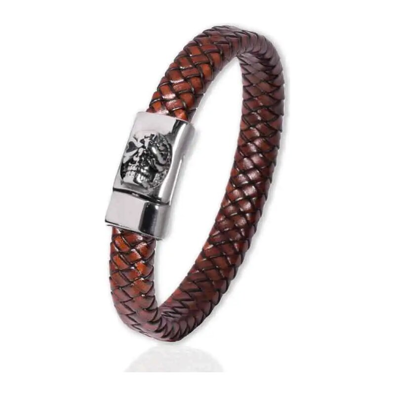 Impress Jewelry Pánský splétaný kožený náramek Lebka Hnědý 22 cm