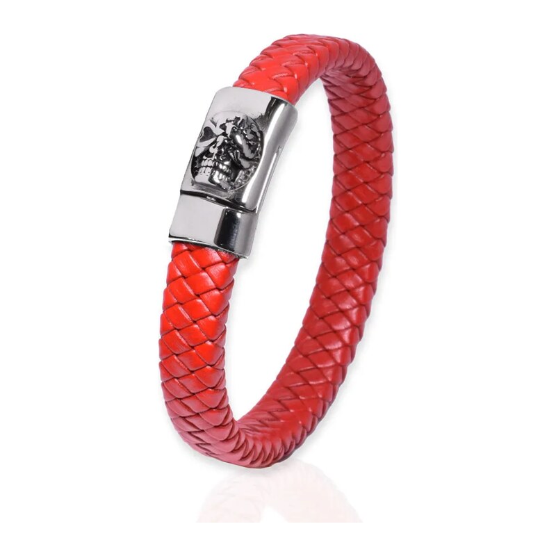 Impress Jewelry Pánský splétaný kožený náramek Lebka Červený 22