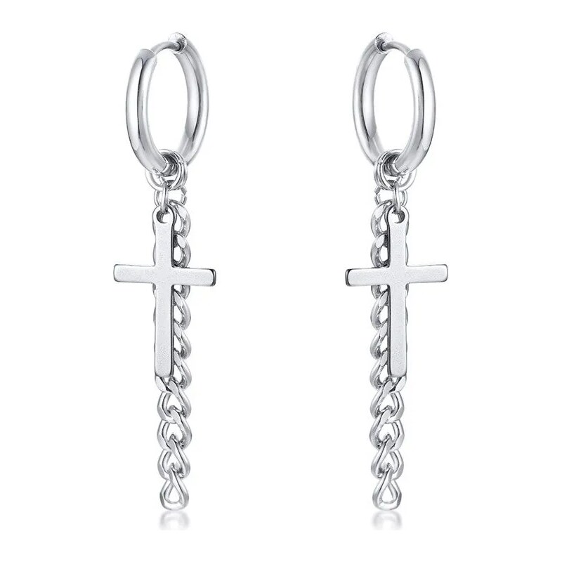 Impress Jewelry Ocelová Náušnice kruh s křížem a řetízkem 17mm