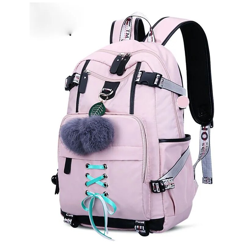 Lifestyle Dívčí teenager školní batoh s USB Třešničky Růžový 20L