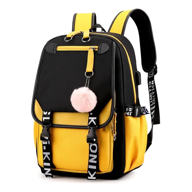 Lifestyle Dívčí teenager školní batoh s USB Žlutý s bambulí 19L