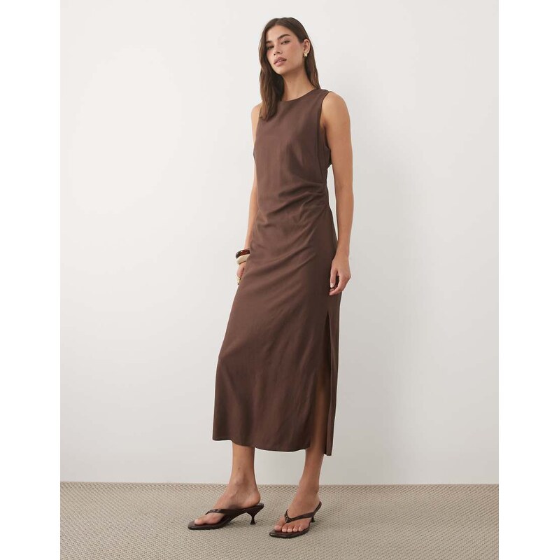 Mango ruched side sleeveless midi dress in brown
