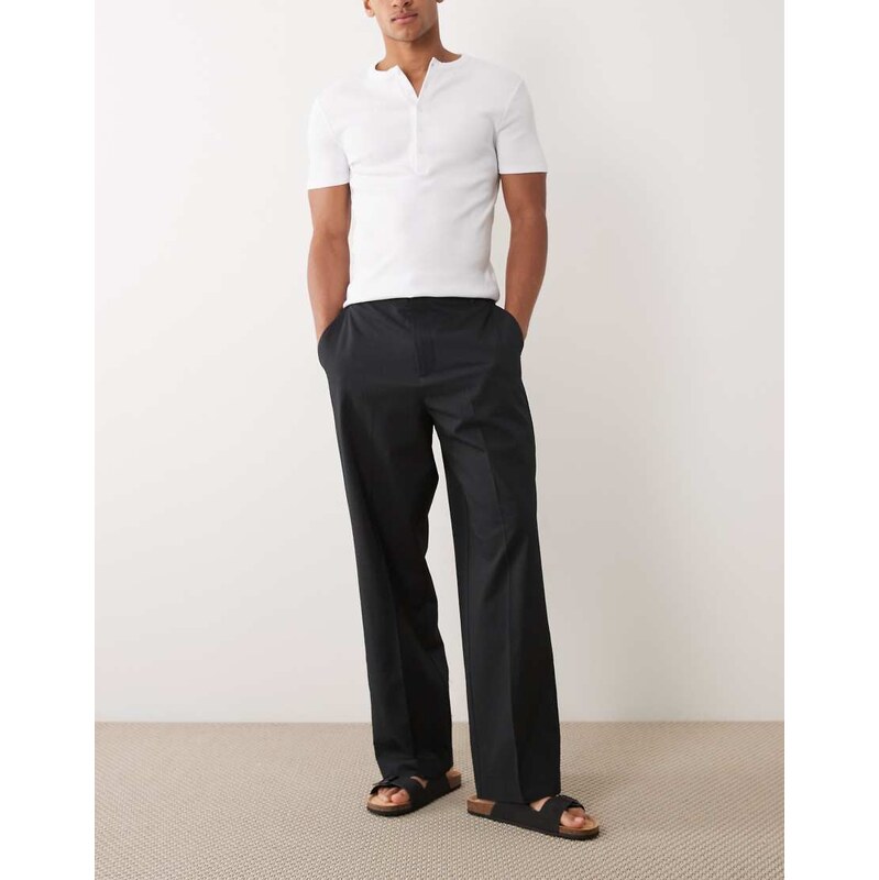 ASOS DESIGN smart wide leg trousers in black seersucker with