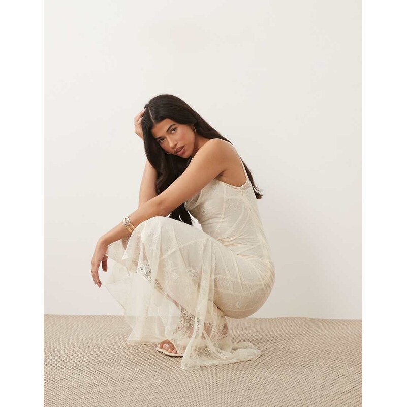 Forever New panelled cowl neck lace maxi dress in ecru-White
