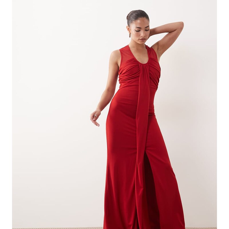 TFNC Petite slinky v neck ruched front sleeveless maxi dress in