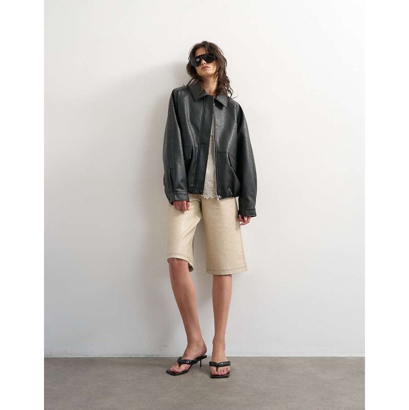 Topshop clean faux leather bomber jacket in black