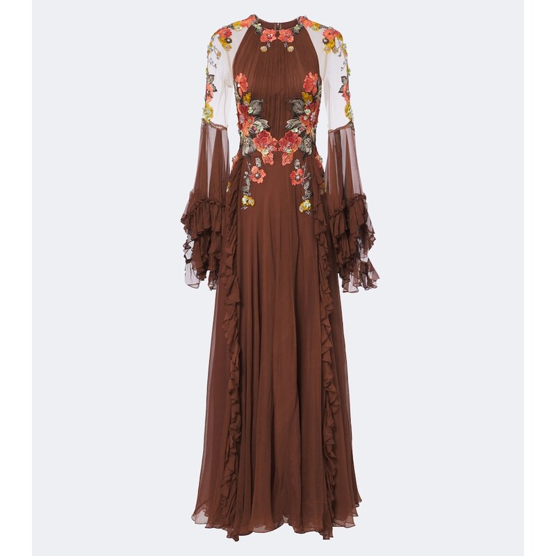 Costarellos Embroidered floral-appliquÃ silk gown