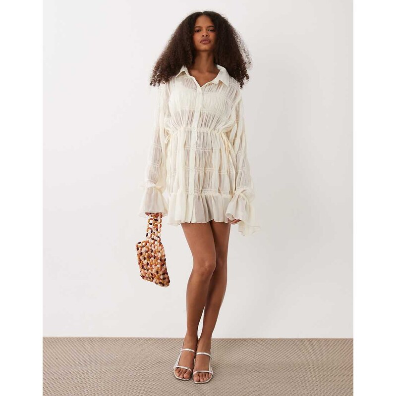 SNDYS shirred tie sleeve chinch waist detail mini dress in cream