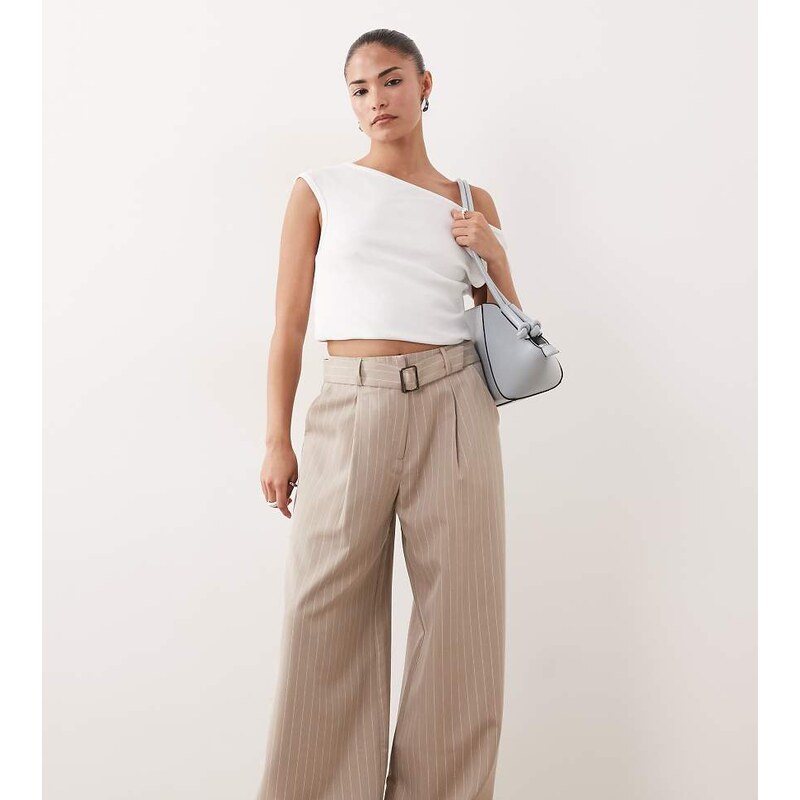 Miss Selfridge Petite tailored wide leg buckle trouser in camel