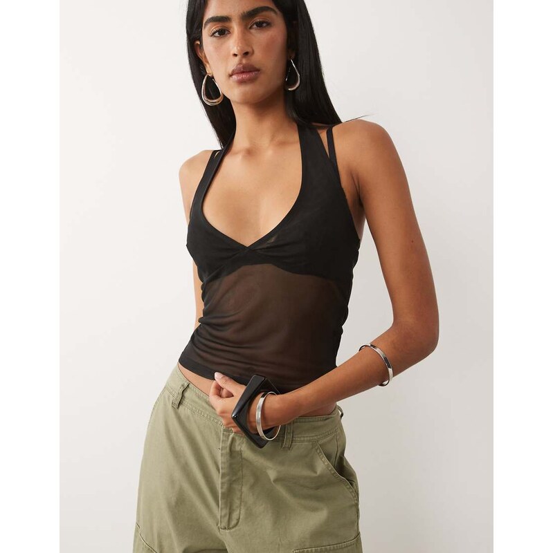 ASOS DESIGN sheer mesh halterneck top in black