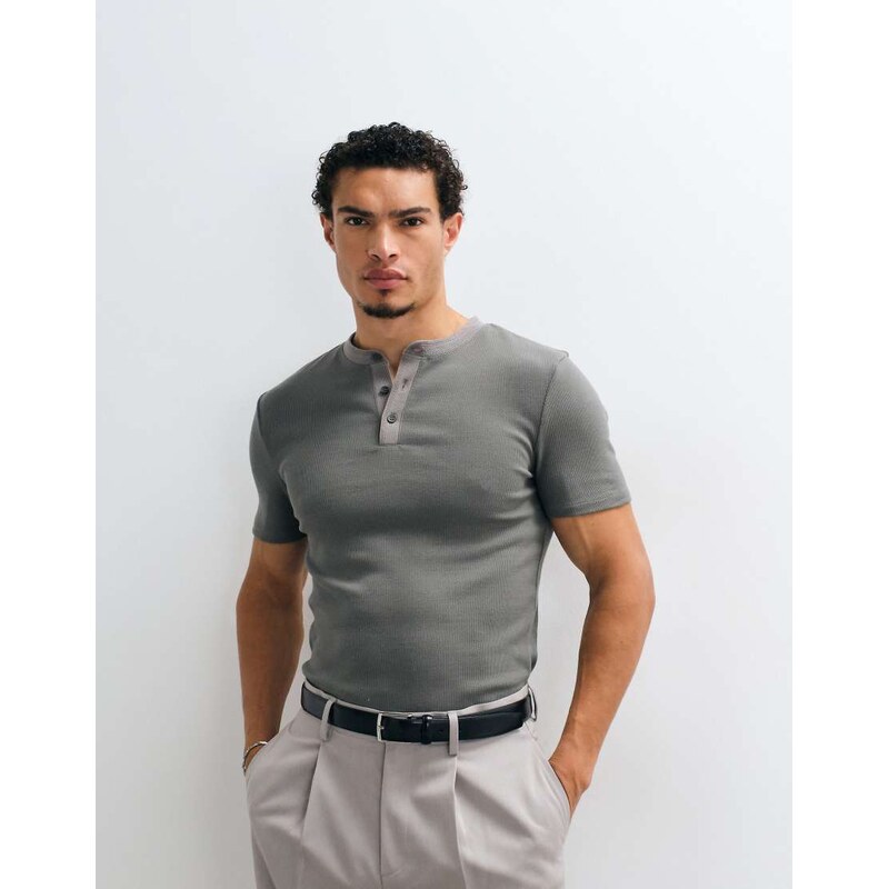 ASOS DESIGN muscle fit t-shirt with contrast placket henley neck