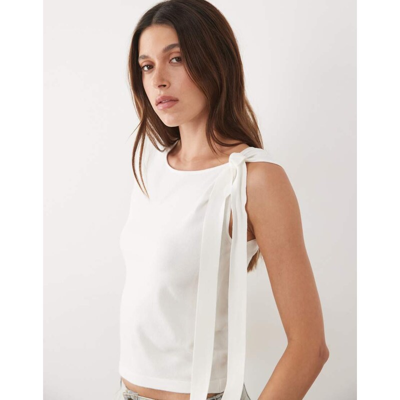 Mango knitted sleeveless top with tie shoulder in white