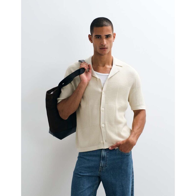 Selected light knit button cardigan in beige-Neutral