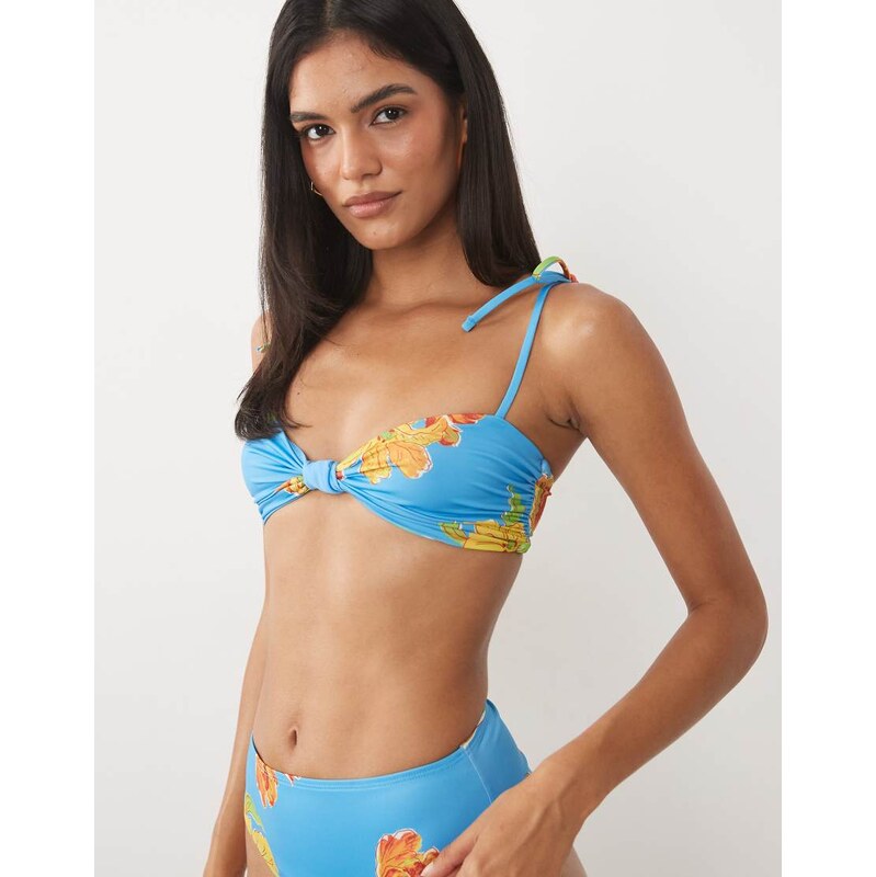 ASOS DESIGN Harper knot front crop bikini top in pop floral