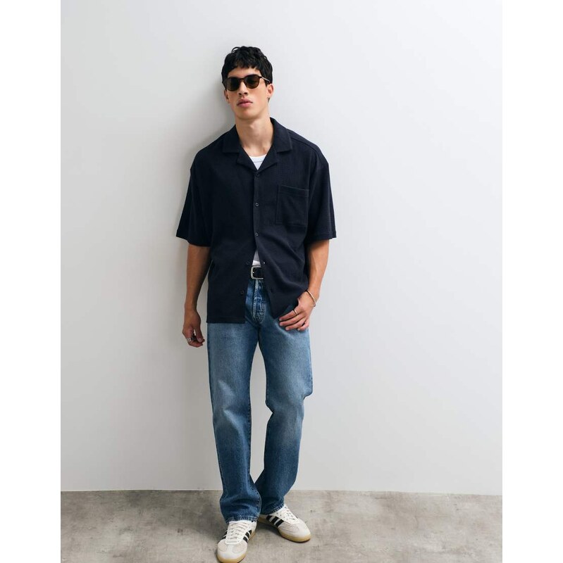 Boss Orange urbanwaffle short sleeve shirt in navy