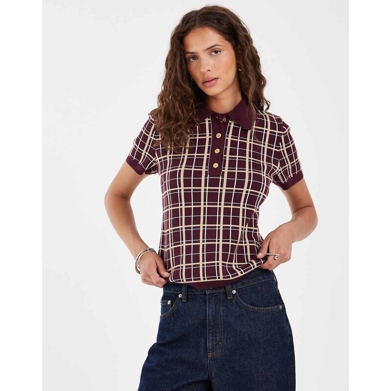 Gant fitted checked knit polo in burgundy-Red