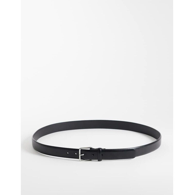 Mango slim leather belt with silver hardware in black