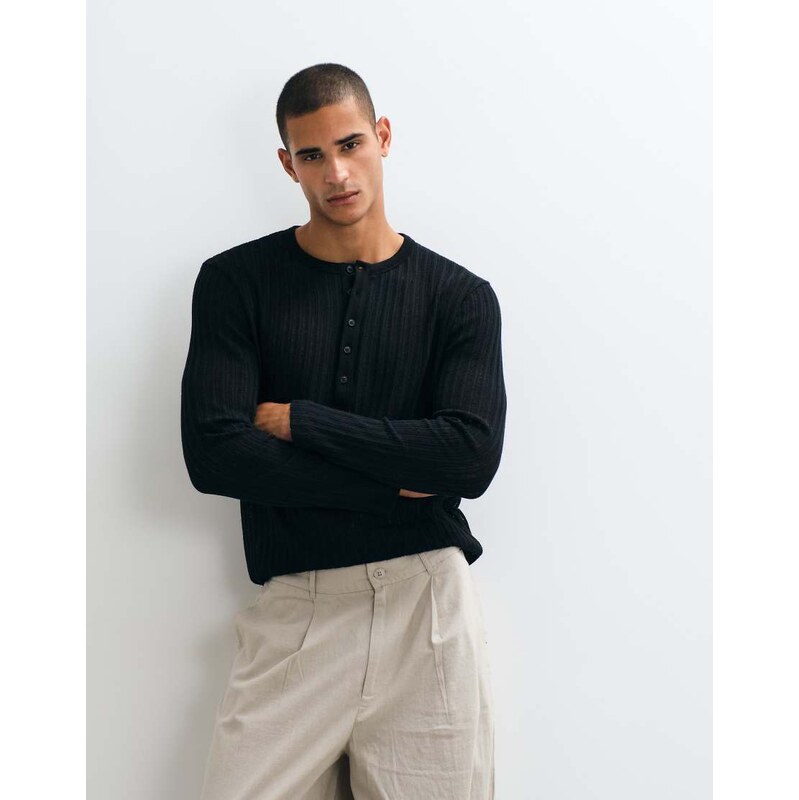 ASOS DESIGN regular long sleeve henley t-shirt in black textured