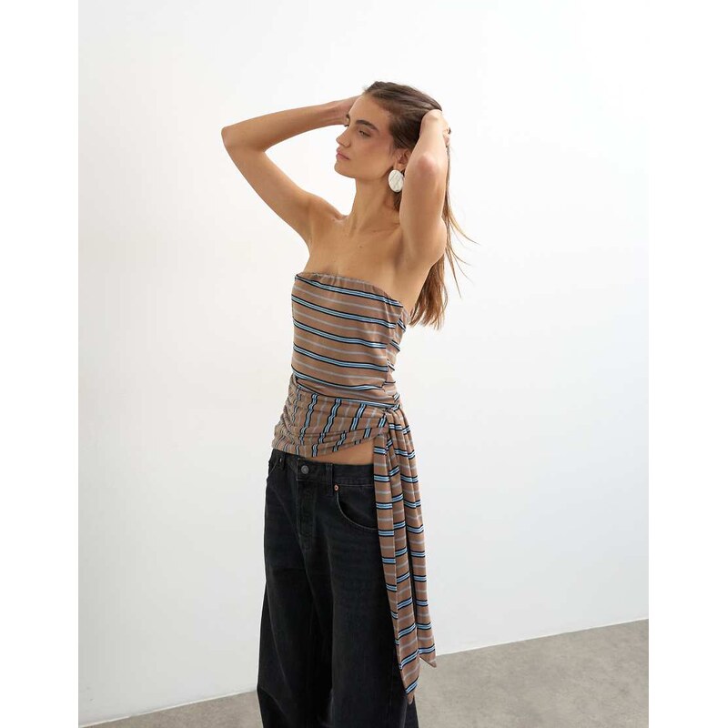Topshop stripe tie detail bandeau top brown-Multi