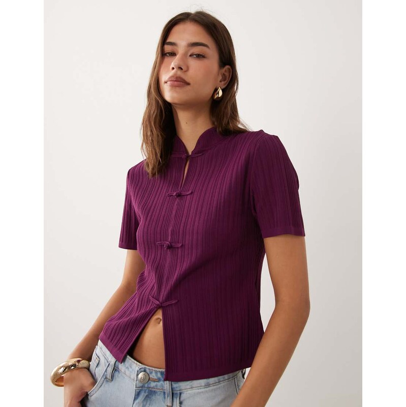 ASOS DESIGN mandarin collar knit rib top in plum-Red
