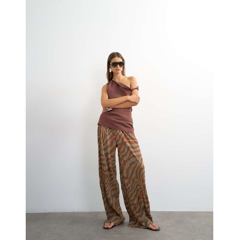 Topshop plisse trouser in brown animal-Multi