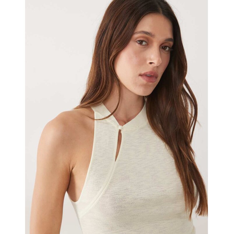 Mango knitted button detail sleeveless top in ecru-Neutral