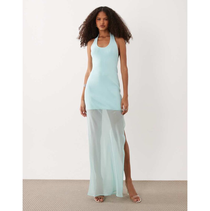 SNDYS halterneck chiffon sheer hem maxi dress in aqua-Blue