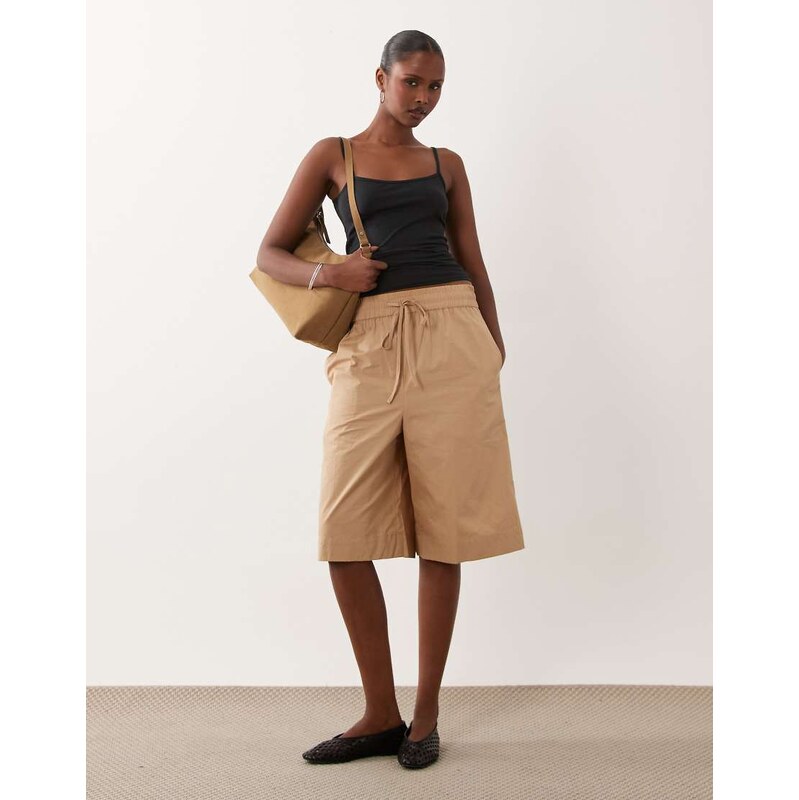 ASOS DESIGN longline shorts in camel-Brown