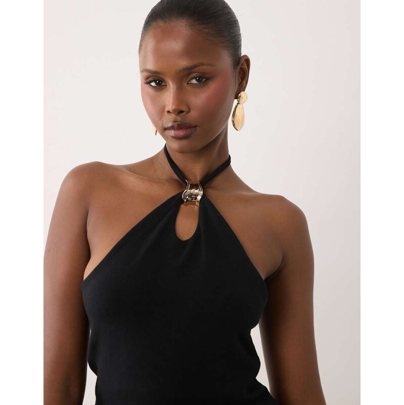 ASOS DESIGN compact cotton keyhole halter neck top with gold