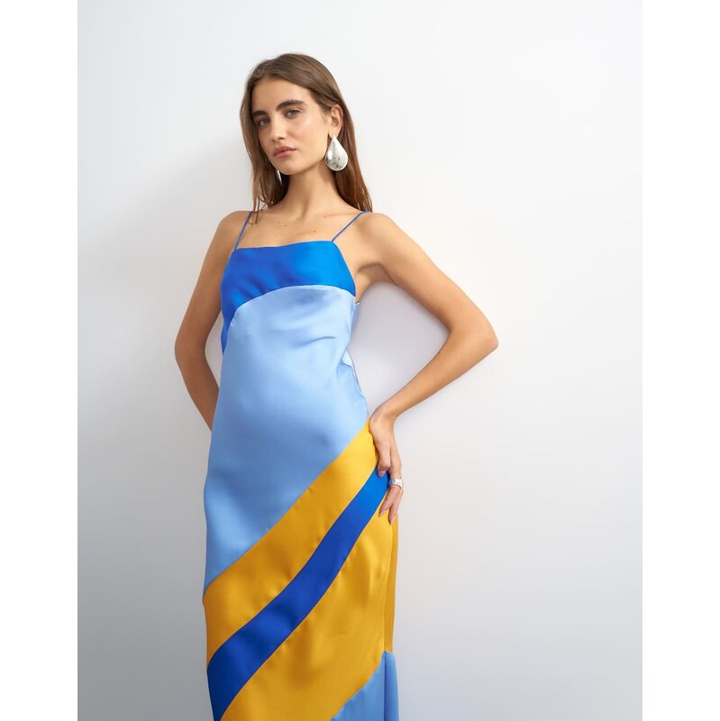 Topshop contrast cut about maxi satin dress in blue and orange