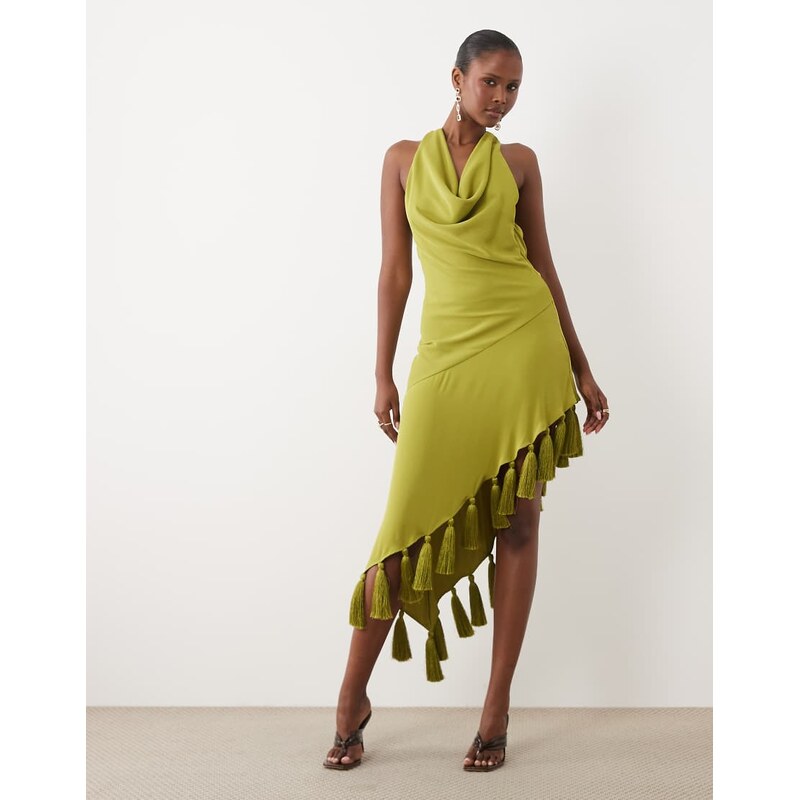 ASOS DESIGN halter neck asymmetric midi dress with tassel hem in