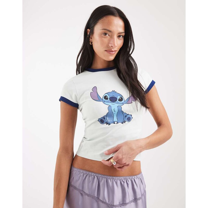 ASOS DESIGN Disney ringer baby tee with stitch print in blue