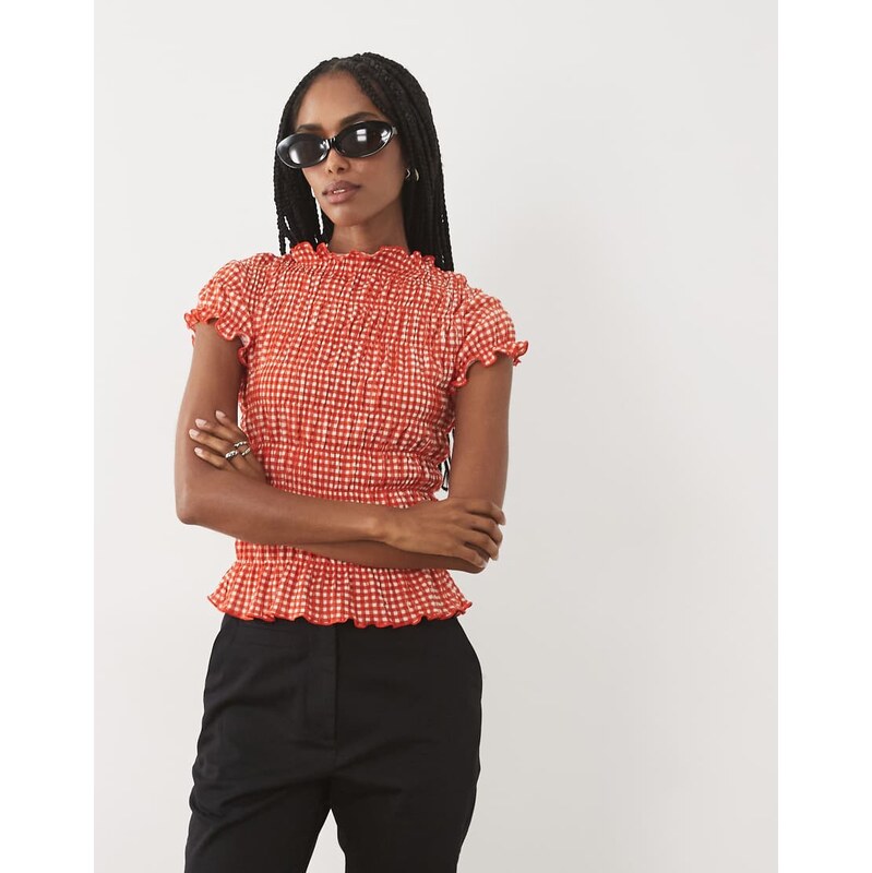 ASOS DESIGN shirred short sleeve top in red gingham print-Multi