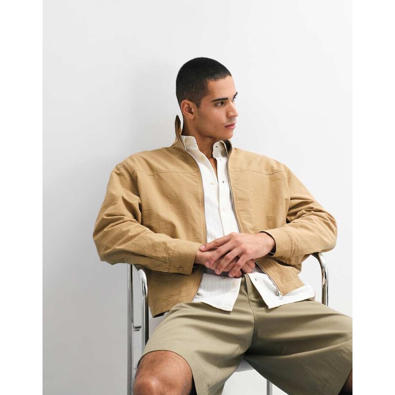ASOS DESIGN boxy oversized zip through funnel neck jacket in tan
