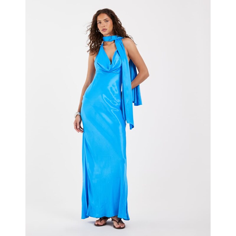 ASOS DESIGN satin scarf cowl neck maxi dress in blue