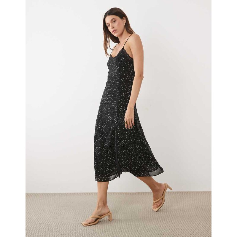 Mango strappy midi dress with thigh split in polka dot print